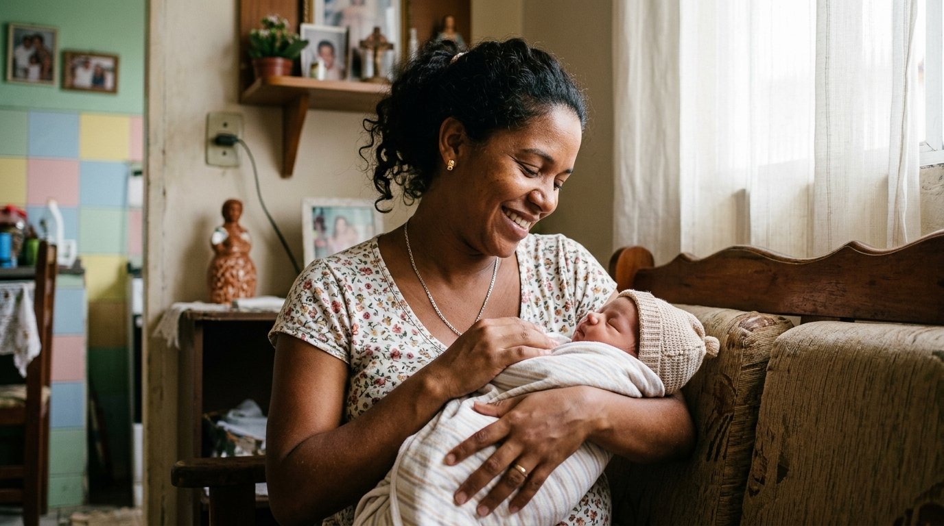 Mãe brasileira trabalhadora segurando seu bebê recém-nascido com carinho